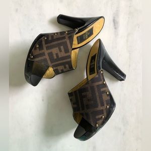 Authentic FENDI Studded heels Classic Black and Gold Monogram Size